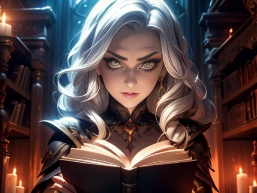 ((materpiece)), ((best quality)), ((cinematic lighting): 1.0), ((medium close-up): 1.0)A Witch, white hair, pale skin, red eyes, holding an open grimoire. ((Behind her, several demonic creatures peer at the book, preparing to leave their hellish prison): 1.2).