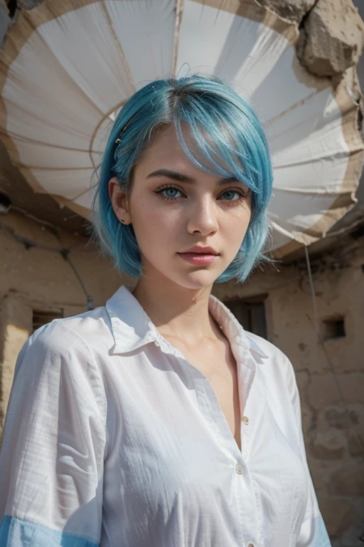 ((best quality)), ((masterpiece)), (detailed), perfect face Shaved face, Half Russian, half Turkish, 24 years old, white pale skin, stylish and colorful clothes, blue pastel hair, sharp facial features, ultra detailed, flirty look, dramatic, long shot, atmospheric, Masterpiece, woman, model-like looks, cinematic, sharpness, color graded, striking color, lip gloss, flawless beauty, eyeliner, hair roots, balloon view in Cappadocia