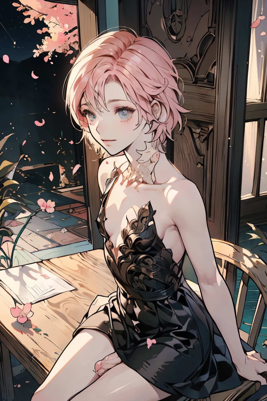 (masterpiece:1.2), solo, 1other, (((sundress, black dress))), (diagonal view, from top:1.2), 1 femboy , ((sitting on chair)), public bar, fallen leaves, cherry blossom, (shy, naughty_face,), colorful, hair_ornament , spring light, warm lightning, night, starlight, (nopan, no panties), short hair, (super small boy breasts:1.3),naked shoulder,,akiyama mizuki, pink hair, ((penis, small penis,, veiny_penis,)) nipples, (((precum, penis))), otoko no ko,