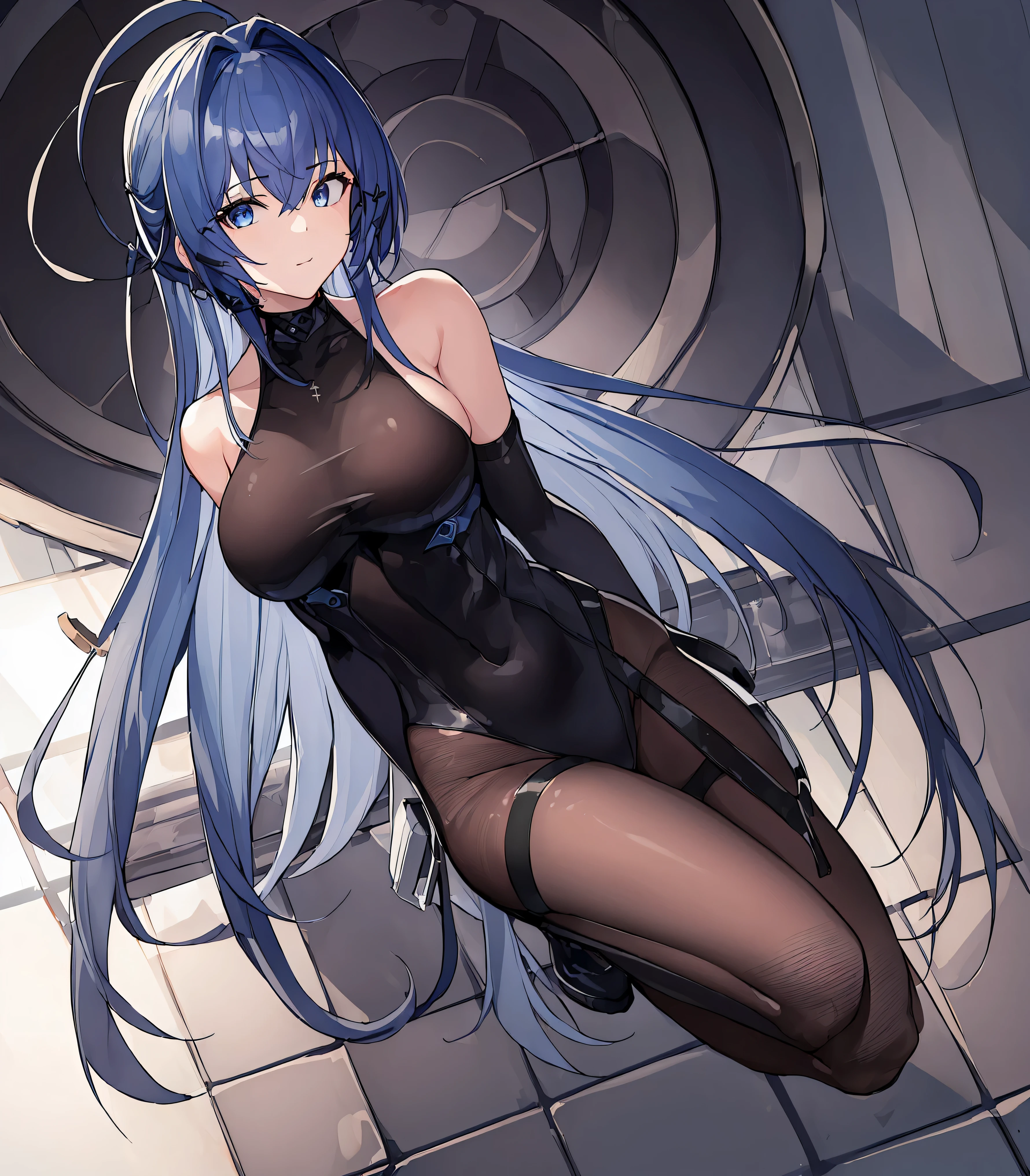 (((masterpiece、top-quality、hight resolution)))、
Original outfit, military outfits, 1girl in, long blue hair, tight leather body suit, fishnet tights, blue eyes, full body, perfect long legs, standing