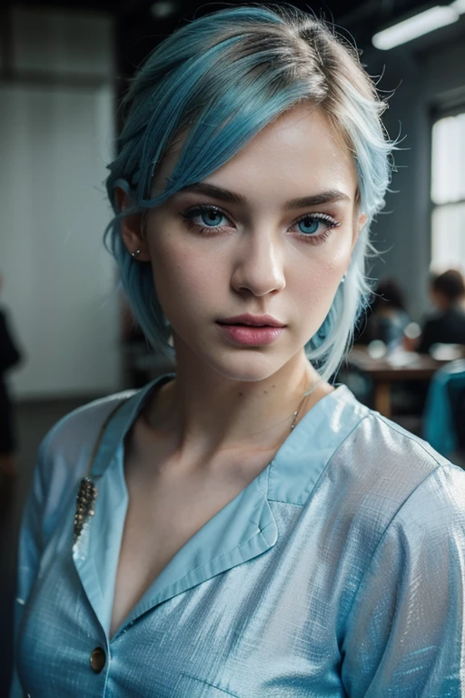 ((best quality)), ((masterpiece)), (detailed), perfect face Shaved face, Half Russian, half Turkish, 24 years old, white pale skin, stylish and colorful clothes, blue pastel hair, sharp facial features, ultra detailed, flirty look, dramatic, long shot, atmospheric, Masterpiece, woman, model look, cinematic, sharpness, color graded, striking color, lip gloss, flawless beauty, eyeliner, hair roots, natural bird view