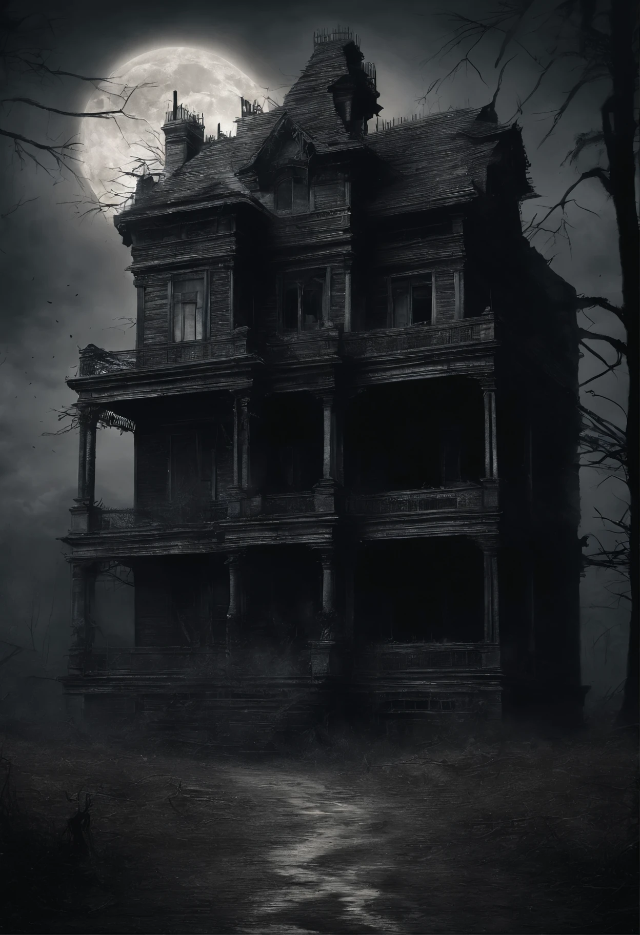 old dilapidated three-story wooden house in the distance with a balcony and terrace, the road to the house covered with the roots of old dried trees, night, big moon, bats, tense atmosphere, (Best Quality, 16K, Masterpiece, Ultra HD:1.3, Huge detail, hyper realistic, epic scale, insane level of details)