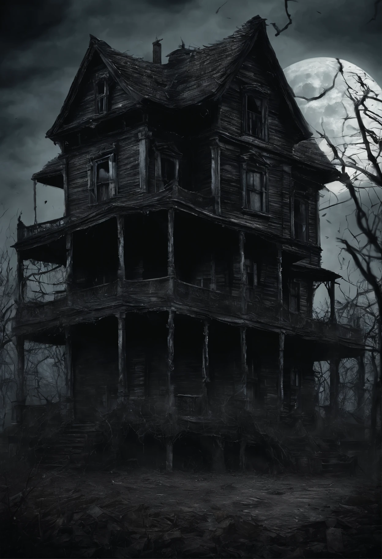 old dilapidated three-story wooden house in the distance with a balcony and terrace, the road to the house covered with the roots of old dried trees, night, big moon, bats, tense atmosphere, (Best Quality, 16K, Masterpiece, Ultra HD:1.3, Huge detail, hyper realistic, epic scale, insane level of details)