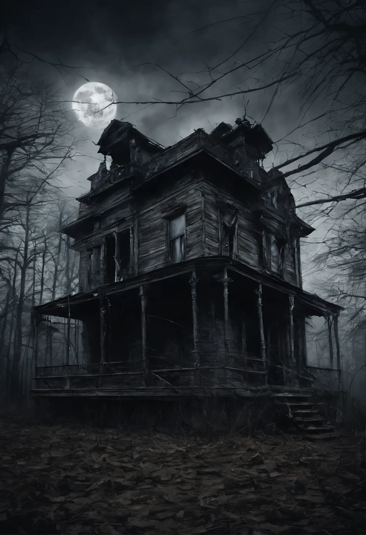 old dilapidated three-story wooden house in the distance with a balcony and terrace, the road to the house covered with the roots of old dried trees, night, big moon, bats, tense atmosphere, (Best Quality, 16K, Masterpiece, Ultra HD:1.3, Huge detail, hyper realistic, epic scale, insane level of details)