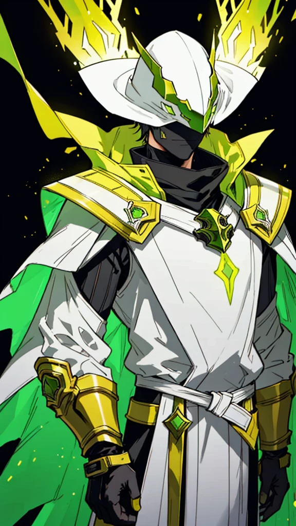 Man in a yellow hat, white mask with very bright green eyes covering his entire face and arcane costume with overcoat with yellow lights and details and boots with yellow lights and arcane shoulder armor and lighting on the armor and black background with green lights watercolor style 