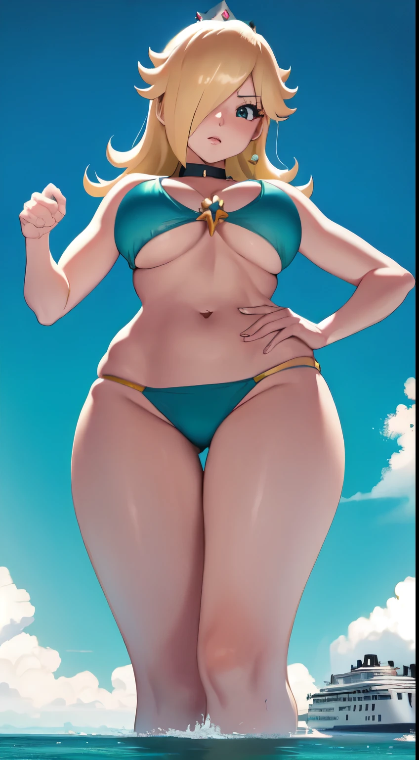 1girl, looking at viewer,  background, crown, huge breasts, thighs, blonde hair, cyan bikini, ((giantess:1.3)), ((from below:1.2)), (pov from cruiseship), standing in water, ocean, string bikini, underboob, looking down, face visible behind breasts