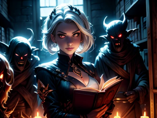 ((materpiece)), ((best quality)), ((cinematic lighting): 1.0), ((medium close-up): 1.0)A Witch, white hair, pale skin, red eyes, holding an open grimoire. ((Behind her, several demonic creatures peer at the book, preparing to leave their hellish prison): 1.2).