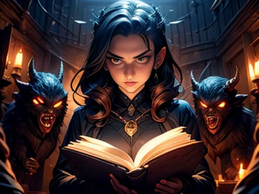 ((materpiece)), ((best quality)), ((cinematic lighting): 1.0), ((medium close-up): 1.0)A Witch, white hair, pale skin, red eyes, holding an open grimoire. ((Behind her, several demonic creatures peer at the book, preparing to leave their hellish prison): 1.2).