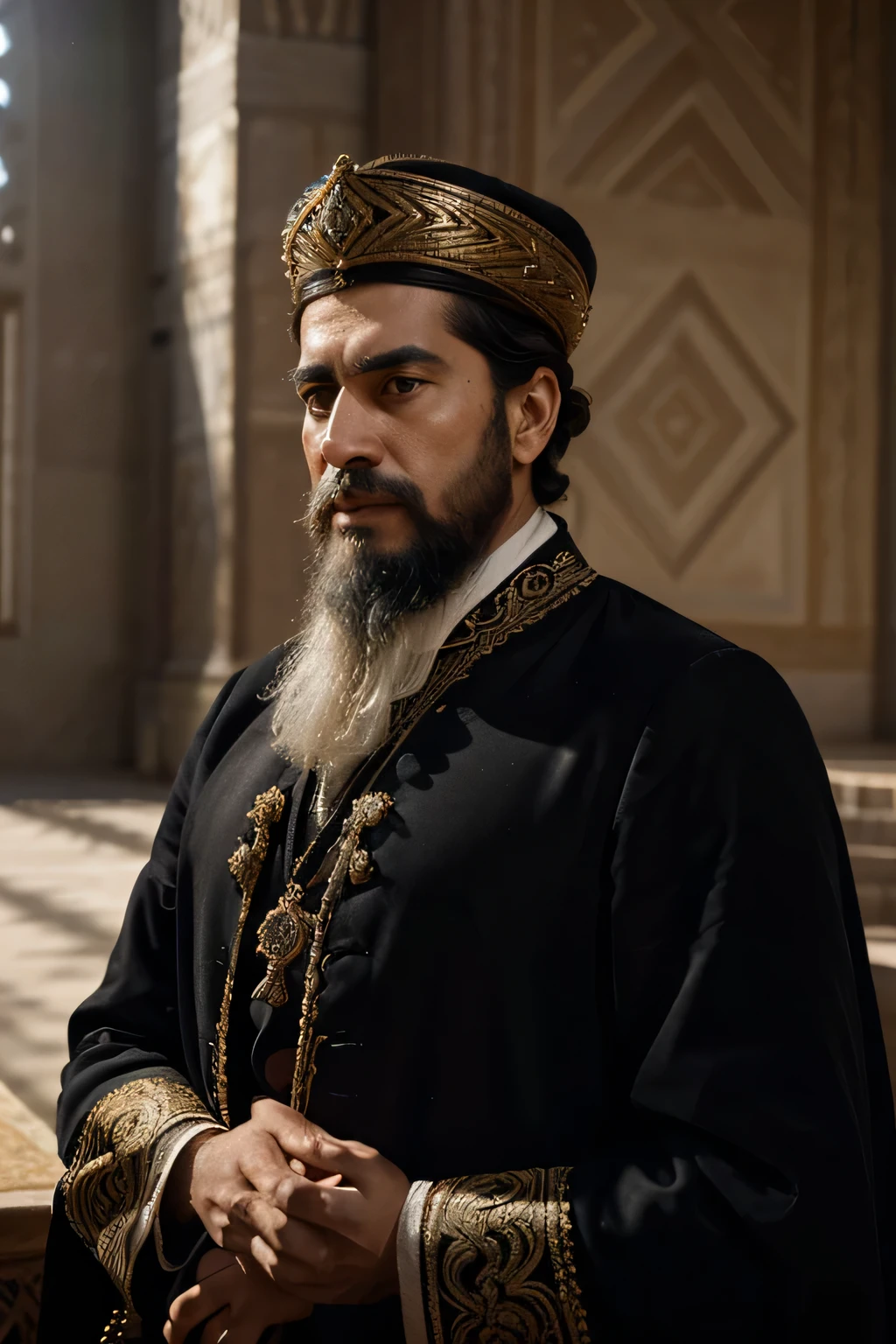 Generate an ultra-realistic and intricately detailed visual representation of Ismael Sharif, the Moroccan king from the 18th century. Pay meticulous attention to every aspect, including facial features, clothing, accessories, and surroundings. Capture the fine details of his black beard, regal attire, and any distinguishing features that characterized him. Ensure the scene is historically accurate, reflecting the opulence and complexity of Ismael Sharif's reign. Emphasize the realism in textures, lighting, and shadows to create an immersive portrayal of this historical figure.