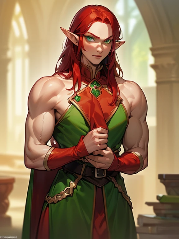 (((I want an elf MAN, red hair and lime green eyes, strong body wearing prince clothes, being alone, a bored expression, Muscular)))