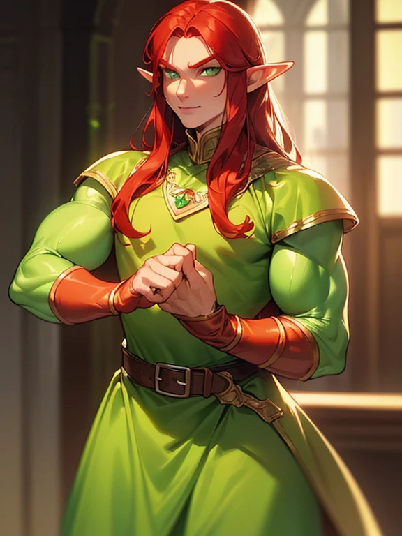 (((I want an elf MAN, red hair and lime green eyes, strong body wearing prince clothes, being alone, a bored expression, Muscular)))