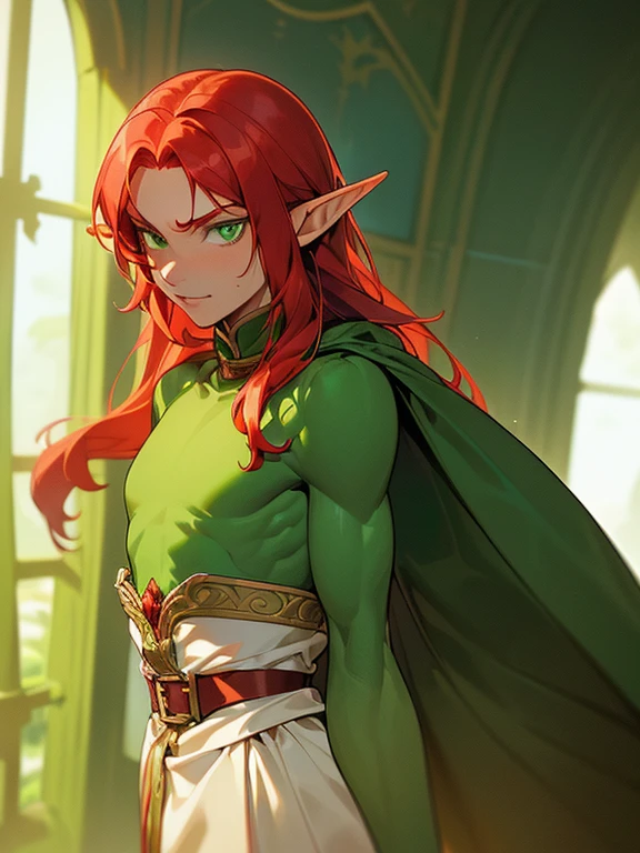 (((I want an elf MAN, red hair and lime green eyes, strong body wearing prince clothes, being alone, a bored expression, Muscular)))