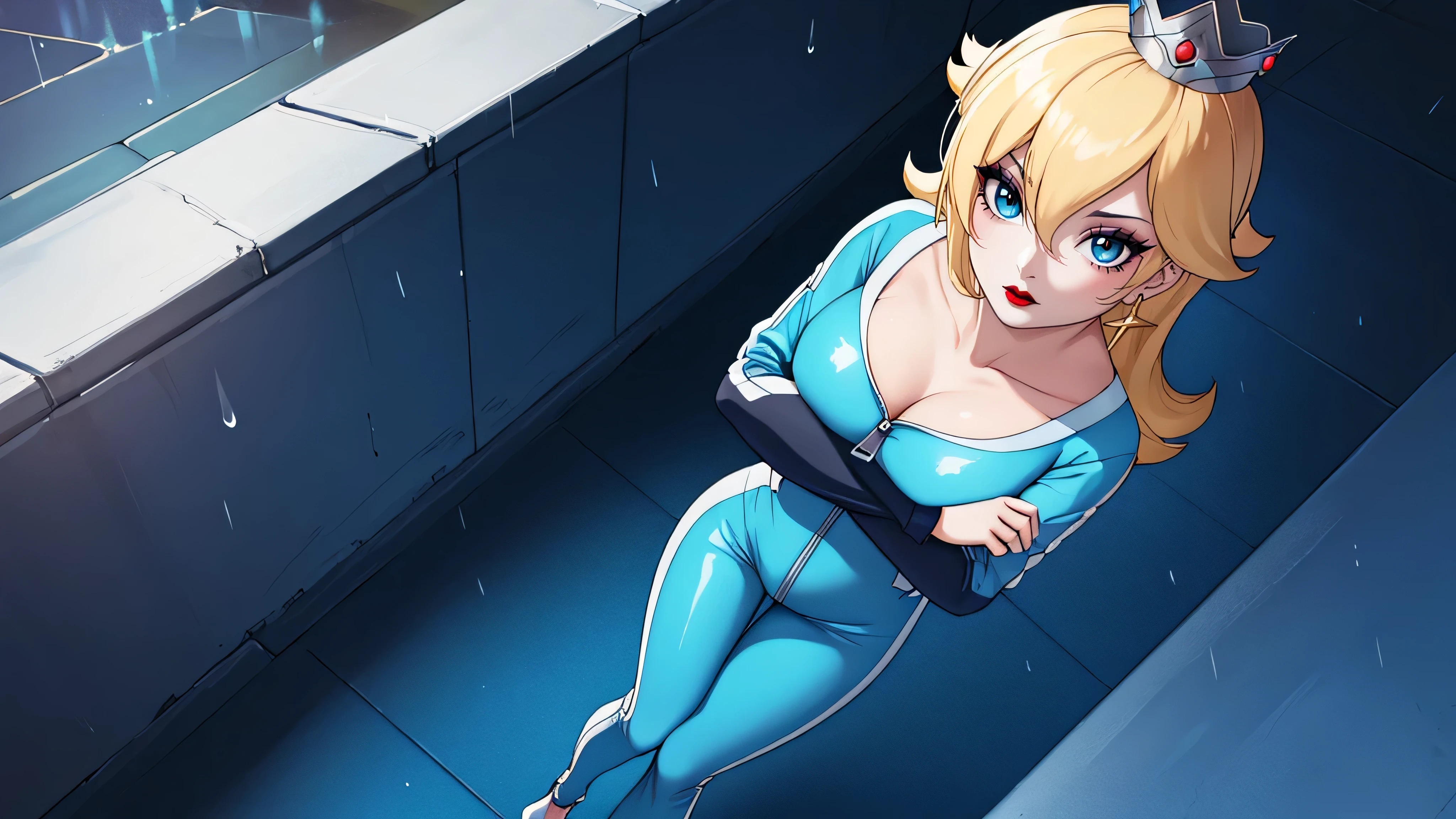 ((high detailed, best quality, 4k, masterpiece, hd:1.3)), BREAK night, moonlight, landscape, it's raining, raining, a full-length shot of Rosalina standing posing under the rain, BREAK neon blue eyes, seductive, attractive, sexy smile, smiling, smooth anime cg art, 36C breasts, (long fitness legs), vivid colors, detailed digital art, slim body, perfect skin, wet blonde hair, wet long hair, wet hair, BREAK crown, BREAK looking at viewer, extremely detailed face, (blue jumpsuit), (Jumpsuit:1.5), (blue racing suit), (racing suit:1.5), (blue high heels), full body, earrings, gem, dark gothic eyeshadows, dark eyeshadows, black eyeshadows, black_sexy_lips, black lips, dark lips, gothic painted lips, dark_red_lips, very dark lips, red_painted_lips, (very thin lips), thin lips, detailed lips, (dark:1.2), (perfect hands, perfect anatomy), black makeup, detailed fingers, five fingers per hand, 5 fingers, (1 girl), (solo:1.3), (from above:1.3), (crossed arms:1.3),