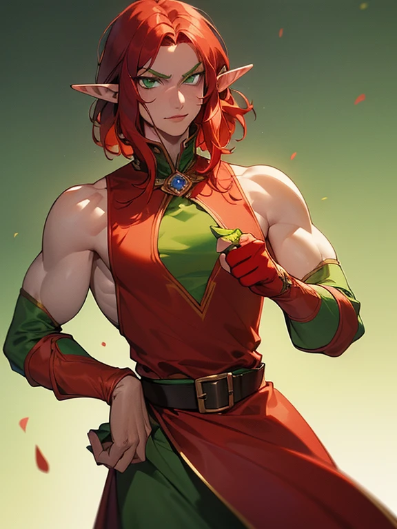 (((I want an elf MAN, red hair and lime green eyes, strong body wearing prince clothes, being alone, a bored expression, Muscular)))