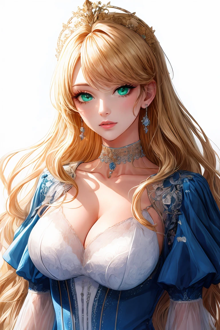 1girl, (shoujo-style:1.2), engraved, blonde hair, solo, long hair, flower, dress, tiara, white dress, gloves, long sleeves, choker, green eyes, mascara, makeup, white gloves, black bow, wavy hair, bow, jewelry, looking at viewer, white background, collarbone, cleavage, puffy sleeves, golden accessories, earrings, jewelry, upper body, parted bangs, very long hair, blue dress, frills, bangs, closed mouth, detailed eyes