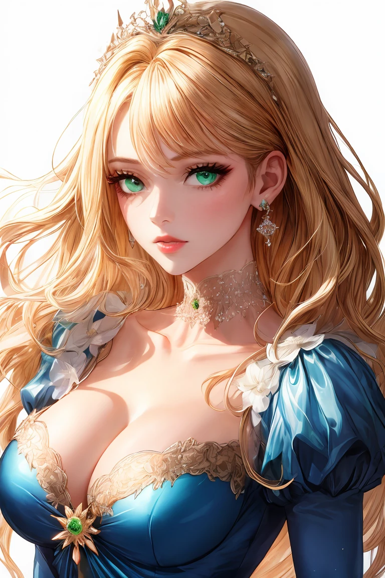 1girl, (shoujo-style:1.2), engraved, blonde hair, solo, long hair, flower, dress, tiara, white dress, gloves, long sleeves, choker, green eyes, mascara, makeup, white gloves, black bow, wavy hair, bow, jewelry, looking at viewer, white background, collarbone, cleavage, puffy sleeves, golden accessories, earrings, jewelry, upper body, parted bangs, very long hair, blue dress, frills, bangs, closed mouth, detailed eyes