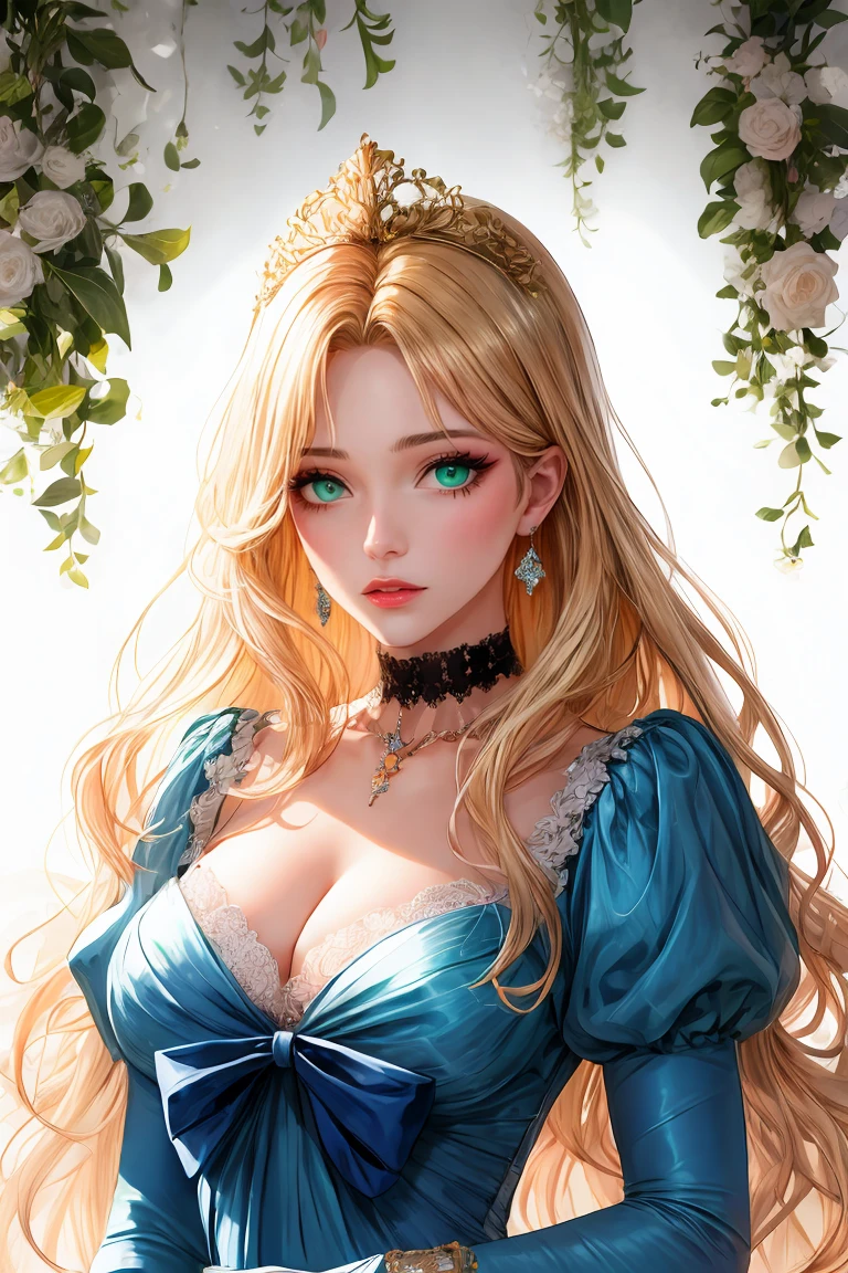 1girl, (shoujo-style:1.2), engraved, blonde hair, solo, long hair, flower, dress, tiara, white dress, gloves, long sleeves, choker, green eyes, mascara, makeup, white gloves, black bow, wavy hair, bow, jewelry, looking at viewer, white background, collarbone, cleavage, puffy sleeves, golden accessories, earrings, jewelry, upper body, parted bangs, very long hair, blue dress, frills, bangs, closed mouth, detailed eyes