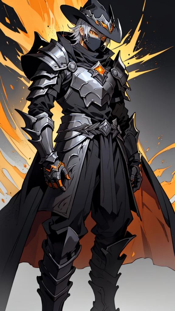 Man in a yellow hat, gray mask with orange eyes, arcane armor and arcane armor on his shoulders and arcane blazes on his wrists, arcane pants, arcane boots, arcane lighting on the armor, black background, anime style and lights on the arcane armor 