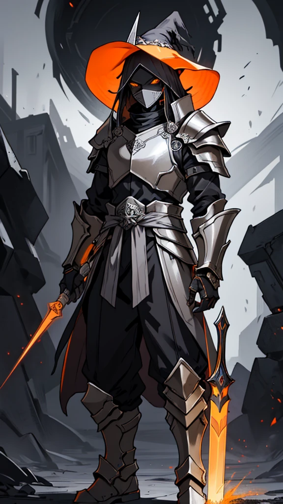 Man in a yellow hat, gray mask with orange eyes, arcane armor and arcane armor on his shoulders and arcane blazes on his wrists, arcane pants, arcane boots, arcane lighting on the armor, black background, anime style and lights on the arcane armor
