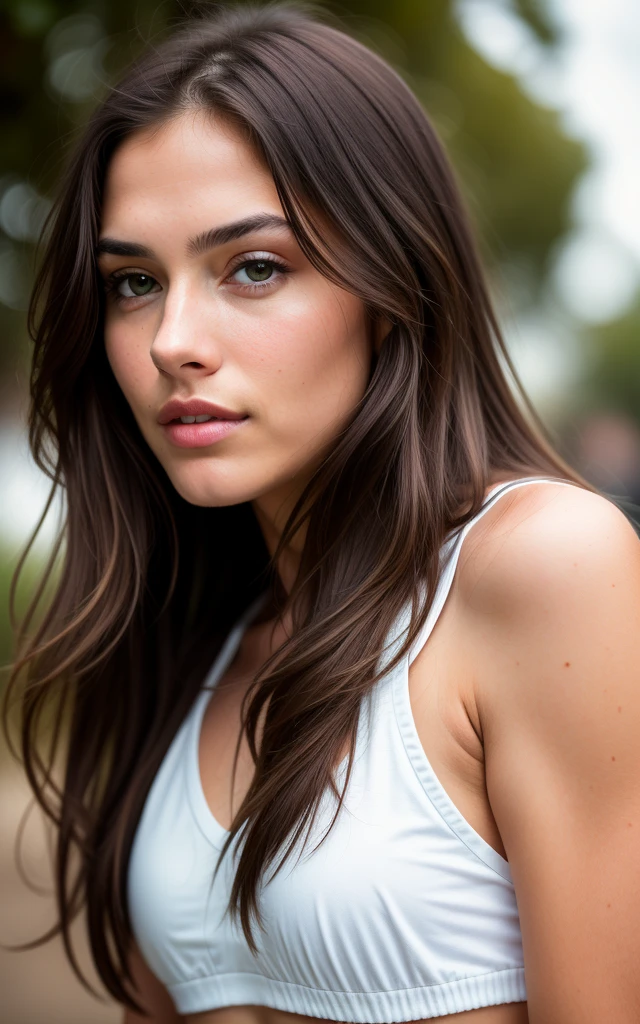 cute beautiful brunette, front face, perfect angle, 23 years old, flirty face, long hair, brown eyes, high-res, masterpiece, best quality,intricate details, highly detailed,sharp focus, perfect skin texture, detailed eyes, professional, 4k, shot on Canon, 85mm,shallow depth of field,kodak vision color,  eyeshadow, extremely detailed, photo_\(ultra\), photorealistic, realistic, post-processing, max detail, roughness, real life, ultra realistic, photorealism, photography, 8k uhd, photography