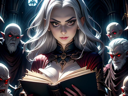 ((materpiece)), ((best quality)), ((cinematic lighting): 1.0), ((medium close-up): 1.0)A Witch, white hair, pale skin, red eyes, holding an open grimoire. ((Behind her, several demonic creatures peer at the book, preparing to leave their hellish prison): 1.2).