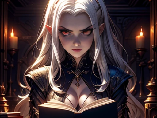 ((materpiece)), ((best quality)), ((cinematic lighting): 1.0), ((medium close-up): 1.0)A Witch, white hair, pale skin, red eyes, holding an open grimoire. ((Behind her, several demonic creatures peer at the book, preparing to leave their hellish prison): 1.2).