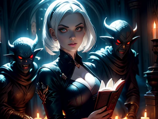 ((materpiece)), ((best quality)), ((cinematic lighting): 1.0), ((medium close-up): 1.0)A Witch, white hair, pale skin, red eyes, holding an open grimoire. ((Behind her, several demonic creatures peer at the book, preparing to leave their hellish prison): 1.2).