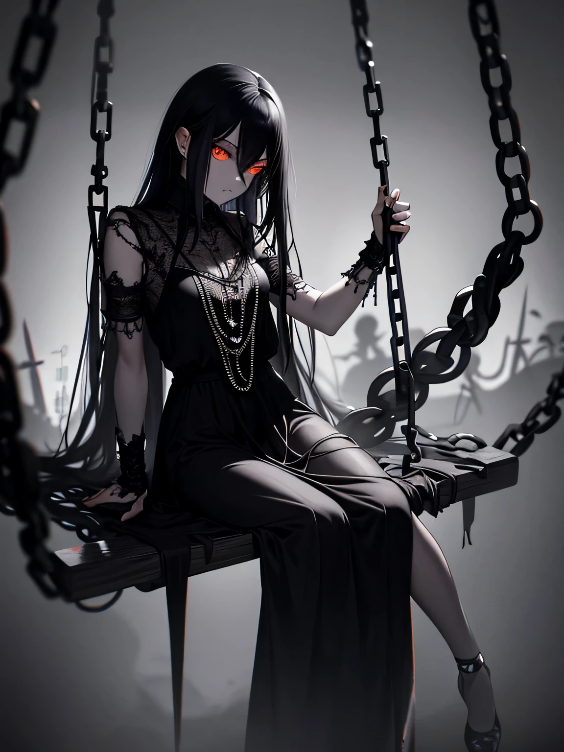 (dark horror art), dystopian art, hopeless art, beautiful demon girl, ((ash black skin)), (black skin), (dark black skin), black skin, (black glossy skin), sits, (open pose), tired, hopeless demon girl, long black hair, many bandages, (lots of bandages), (rags), (short clothing), open belly, (chains), (orange scars), (dark night sky), dark devastated environment, abandoned church, forgotten dark fantasy city, highly detailed art, (highly detailed background)