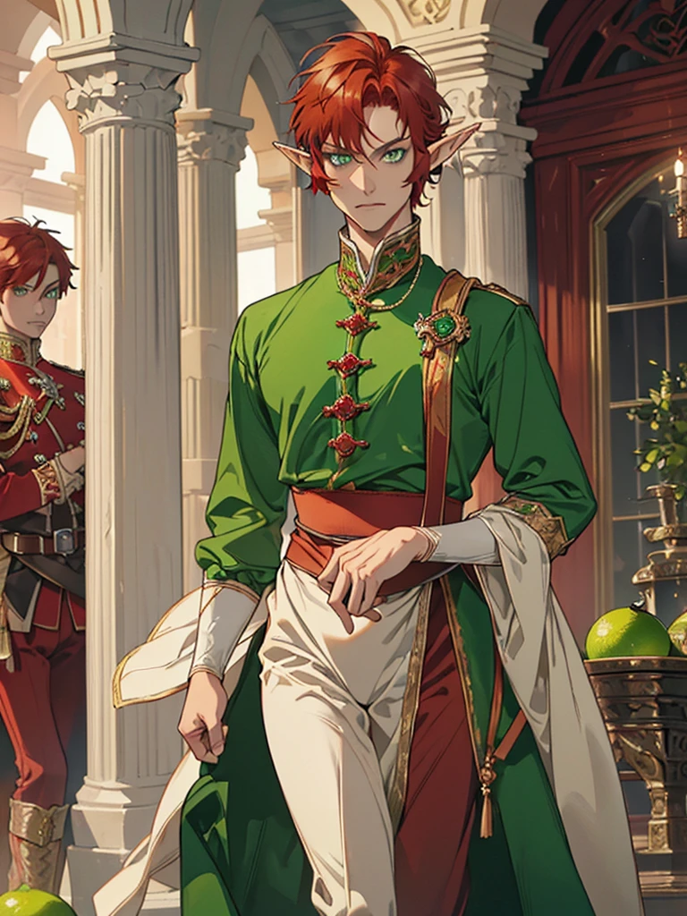 (((I want an elf MAN, red hair and lime green eyes, strong body wearing prince clothes, being alone, a bored expression, Muscular)))