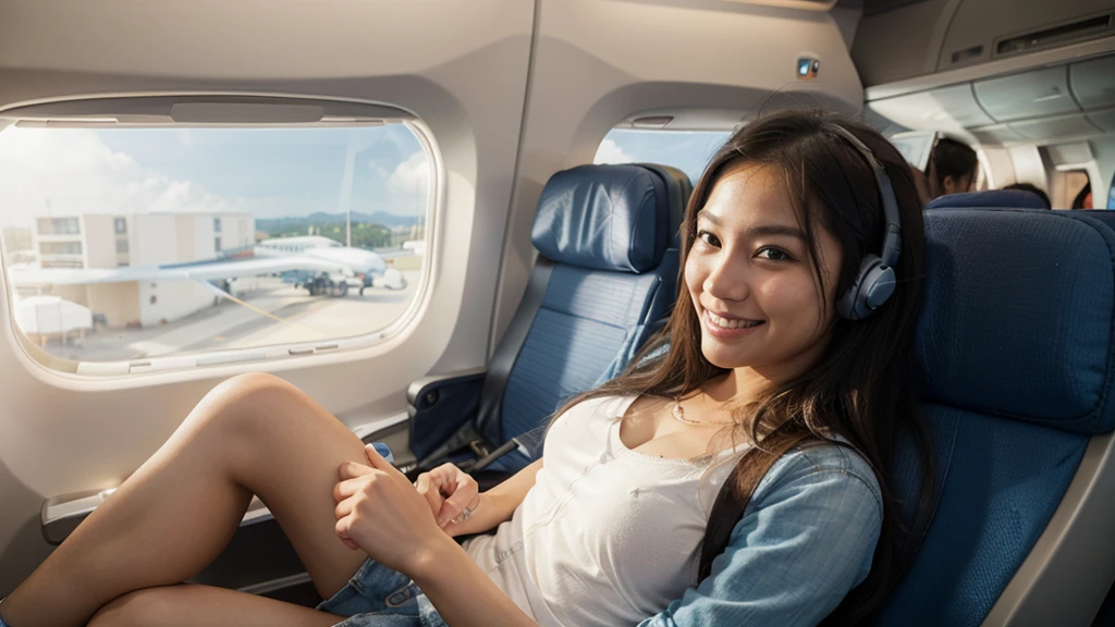 Asian Latina traveling on a plane with Sony headphones, traveling alone without company and smiling