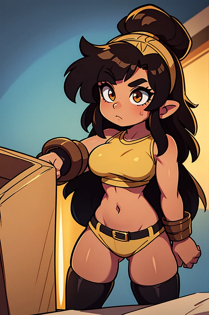 A Female Dwarf Barbarian with light brown skin gold eyes and black hair