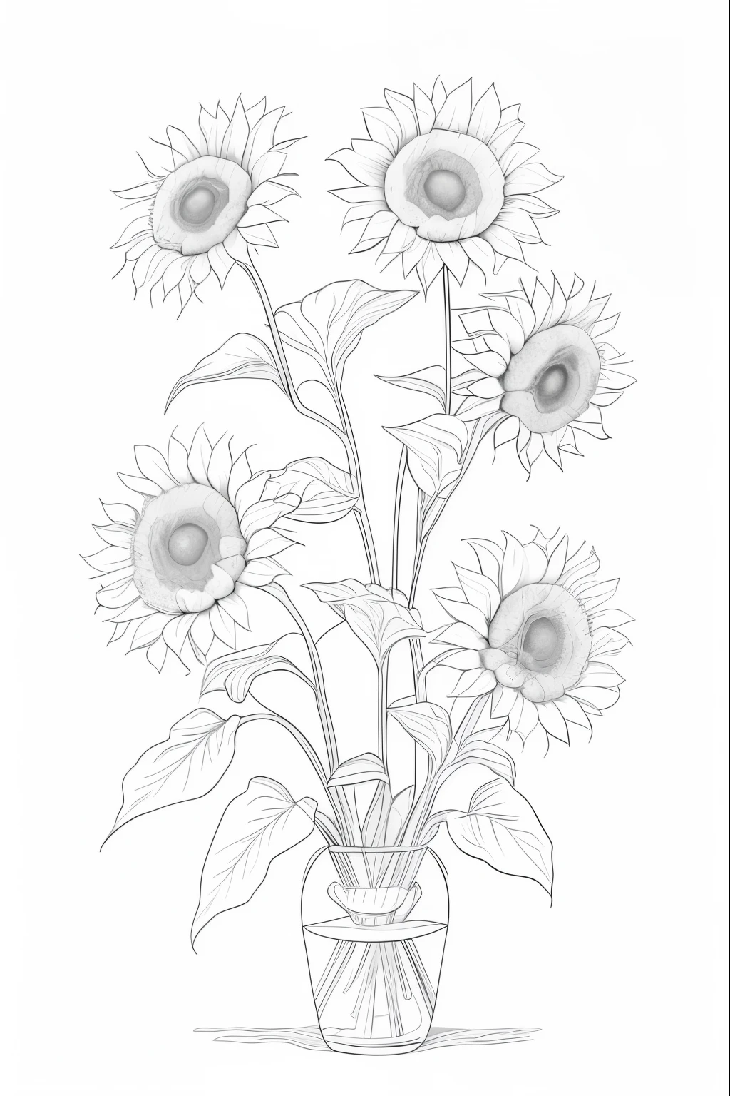 there is a vase with sunflowers in it on a white background, line art, line - art, highly detailed sketch, drawn with photoshop, ambient occlusion:3, crystallic sunflowers, helianthus flowers, ambient occlusion, highly detailed illustration, fine line art, flowers with intricate detail, highly-detailed illustration, sunflowers, line drawing, heavy shading