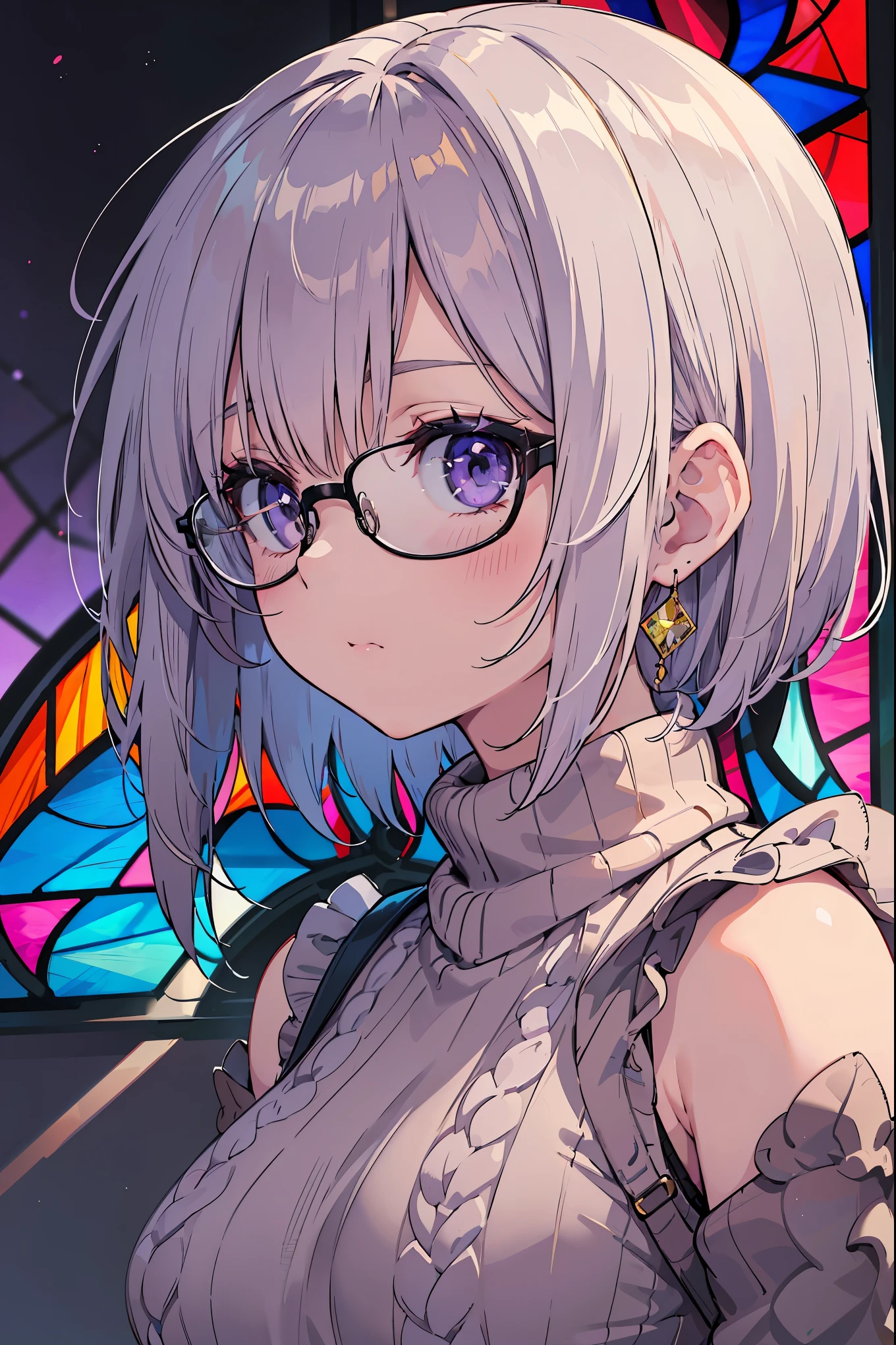(highest quality, 8K, At 32K, master piece, ticker:1.2), (real, photorealistic:1.1), (perfect anatomy:1.2), 1 girl, super cute high school girl, japanese girl, close your mouth, 17 years old, (black-rimmed glasses:1.2), horizontal distance method, close up of face, ((close up of face:1.4)), Depth of the bounds written, fine skin, orange lip, (((facing forward))), look at the viewer, pout, natural eyes, Super detailed, sparkly earrings , shining bronze hair, fluffy hair, (bob cut hair:1.2), in a pitch dark room, (The background a completely blurred stained glass background:1.8), large breasted, Heavy breasts, beautiful detail eyes, ((light purple tight sweater:1.5)), ( sleeveless sweater:1.4), (high neck sweater), strobe lighting, Super emotional and epic movie lighting,