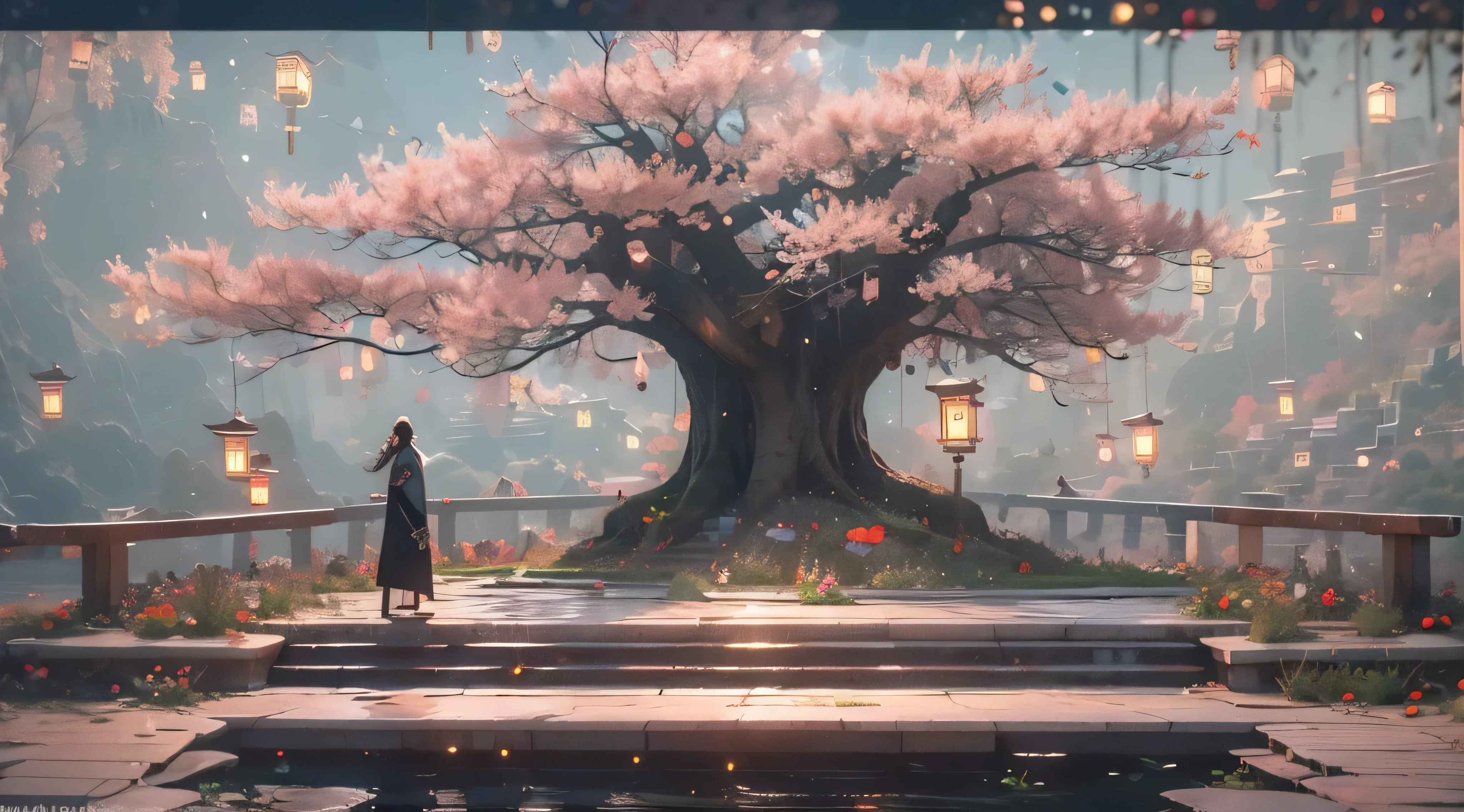 (tmasterpiece:1.2),best qualtiy,realisticlying,Tyndall effect,Underworld marriage,natta, Lanterns, The tree, scenecy, exteriors, 1boys, 独奏, brunette color hair, Japanese clotherom back, malefocus, standing on your feet, east asian architecture, buliding, Skysky, nigh sky, stairwayack,