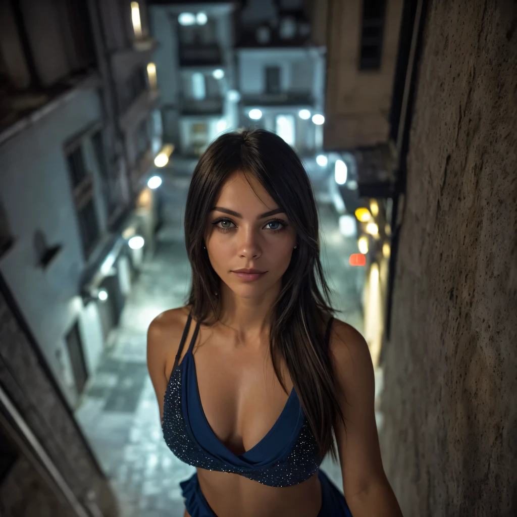 (Foto selfie, desde arriba:1.4), (postrait medio cuerpo:1.4), RAW uhd portrait photo of a 24 year old blonde (Mujer de ojos azules) walking down a dark alleyway, pecho natural, Antecedentes nocturnos de la ciudad, (Vestido de sol azul), (escote), Detallado (Texturas!, cabello!, brillar, Color!!, Imperfecciones:1.1), Ojos brillantes altamente detallados, (Looking at the camera), specular lighting, DSLR, Calidad Ultra, sharp focus, Tachuela afilada, DOF, Film grain, (centrado), Fujifilm XT3, Cristalina, Centro del marco, cara linda, sharp focus, farola, Neon lights, Bokeh, (Poca luz), discreto, Por la noche, (cielo nocturno) poros detallados de la piel, piel grasa, tan, Detalles intrincados de los ojos