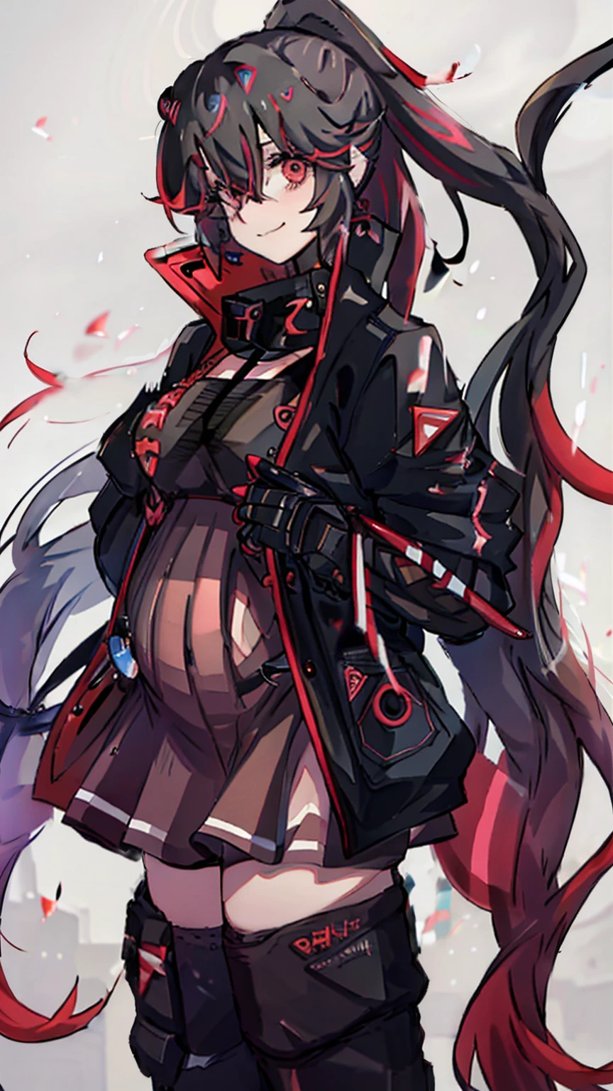 (masterpiece: 1.6, best quality), (beautiful eyes: 1.2), (Elevated), high quality, pretty face, 1 girl, Wide-angle lens, white crop top, leather shorts, oversized leather jacket, open shoulders, big ????, long hair, wide ????, (garden), street, background, 详细background, creepy smile, angled laughter, smokes, sunglasses，pregnant belly，pregnant belly