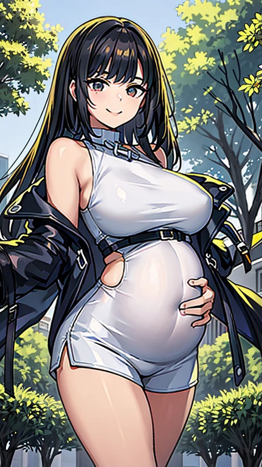 (masterpiece: 1.6, best quality), (beautiful eyes: 1.2), (Elevated), high quality, pretty face, 1 girl, Wide-angle lens, white crop top, leather shorts, oversized leather jacket, open shoulders, big tits, long hair, wide hips, (garden), street, background, 详细background, creepy smile, angled laughter, smokes, sunglasses，pregnant belly，pregnant belly