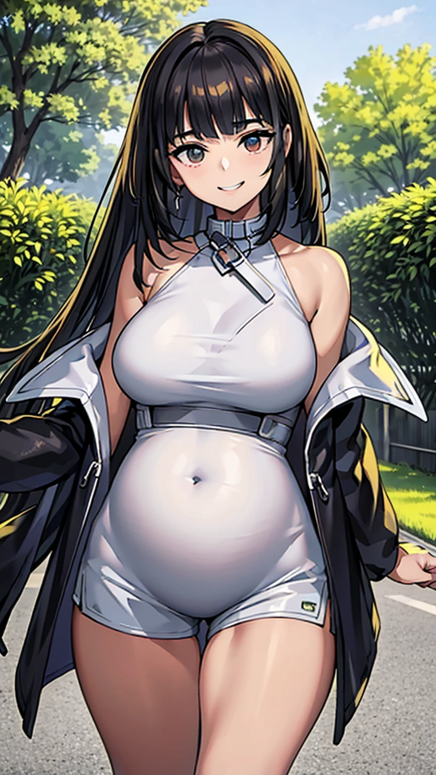 (masterpiece: 1.6, best quality), (beautiful eyes: 1.2), (Elevated), high quality, pretty face, 1 girl, Wide-angle lens, white crop top, leather shorts, oversized leather jacket, open shoulders, big tits, long hair, wide hips, (garden), street, background, 详细background, creepy smile, angled laughter, smokes, sunglasses,pregnant belly,pregnant belly