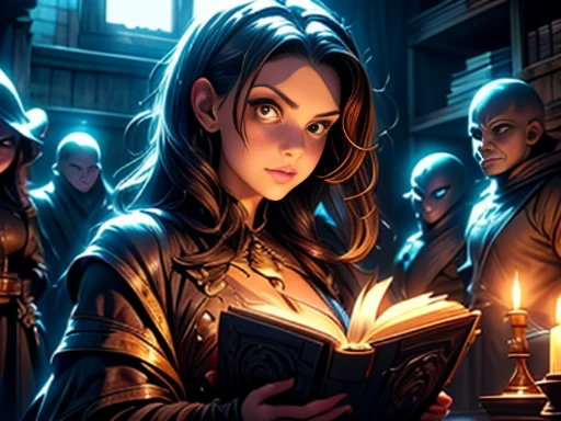 ((materpiece)), ((best quality)), ((cinematic lighting): 1.0), ((medium close-up): 1.0)A Witch, white hair, pale skin, red eyes, holding an open grimoire. ((Behind her, several demonic creatures peer at the book, preparing to leave their hellish prison): 1.2).