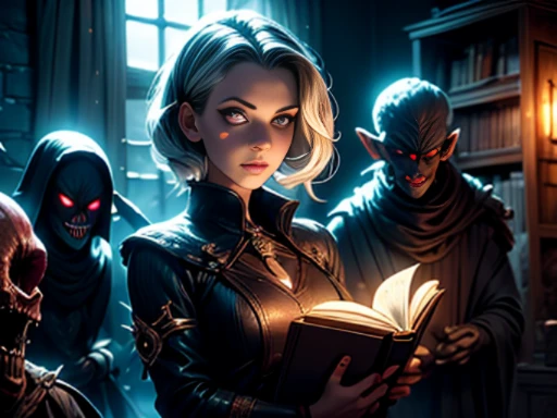 ((materpiece)), ((best quality)), ((cinematic lighting): 1.0), ((medium close-up): 1.0)A Witch, white hair, pale skin, red eyes, holding an open grimoire. ((Behind her, several demonic creatures peer at the book, preparing to leave their hellish prison): 1.2).