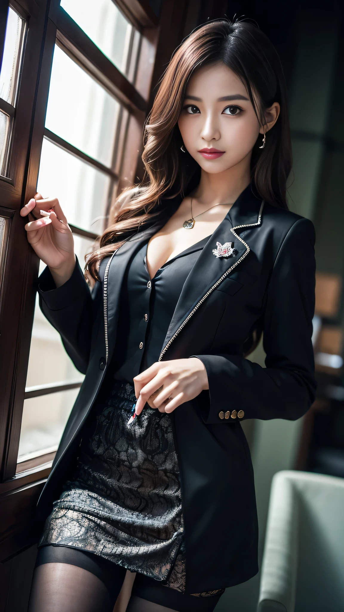 Super detailed、Japanese、charming beauty、Dainty woman、sharp eyes、cool girl、wavy hair、suit、Jacket、blouse、Tight Skirt、black pantyhose、evil female executive、evil depravity、brainwashing、Mind control、lacy fabric、Shiny legs、Have lipstick、lip gloss、grin、邪evilなな表情、evil、empty eyes、邪evilな、reach out your hand、in the darkroom、lure、meanwhile