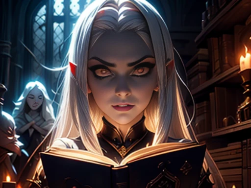 ((materpiece)), ((best quality)), ((cinematic lighting): 1.0), ((medium close-up): 1.0)A Witch, white hair, pale skin, red eyes, holding an open grimoire. ((Behind her, several demonic creatures peer at the book, preparing to leave their hellish prison): 1.2).