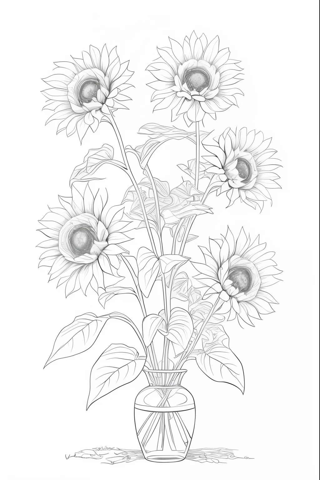 there is a vase with sunflowers in it on a white background, line art, line - art, highly detailed sketch, drawn with photoshop, ambient occlusion:3, crystallic sunflowers, helianthus flowers, ambient occlusion, highly detailed illustration, fine line art, flowers with intricate detail, highly-detailed illustration, sunflowers, line drawing, heavy shading