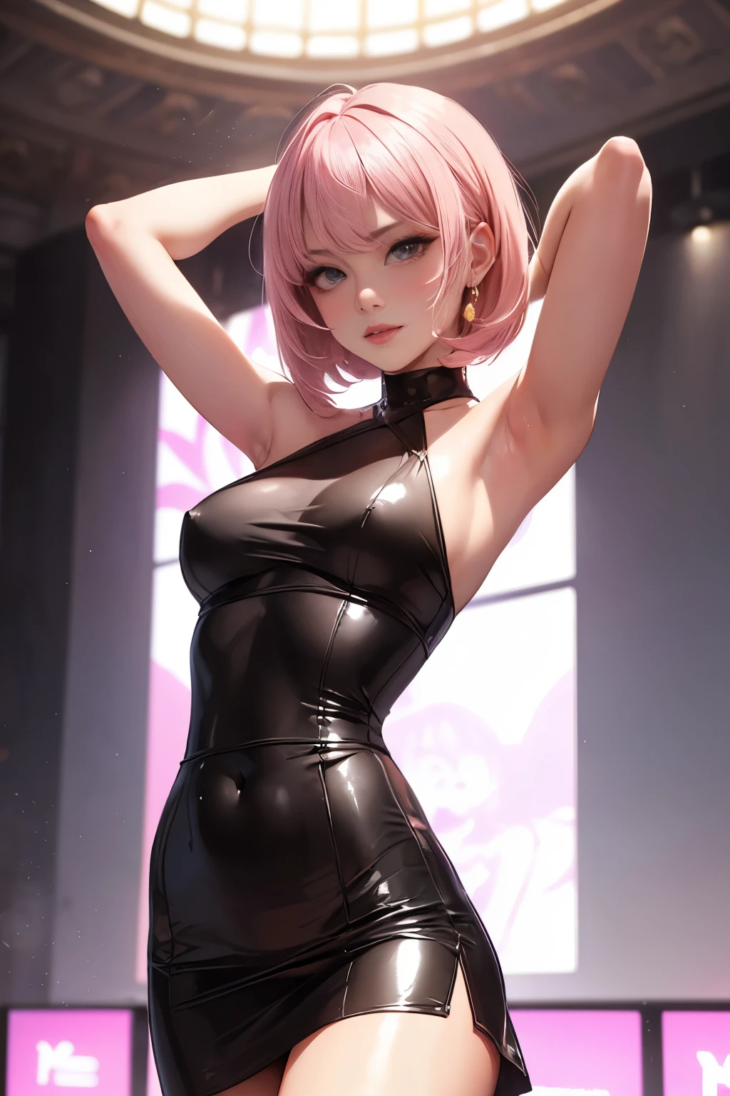 NSFW, ((anatomically correct hand:1.5)), ((anime)), sexy, ((京都animeーション風に:1.5)), ultra precision, masterpiece, very very beautiful, princess face, ((1 woman)), ((alone:1.5)), ((pink hair:1.5)), ((bob cut 1.5)), break, ((black eye)), shortcut, ((straight hair)), break, complete limbs,((full finger:1.5)), ((Beautiful girl in a shiny high-waisted black skirt dress:1.5)), ((skin dents)), professional lighting, (25 years old), tight waist, shiny skin ((brown skin:1.5)), ((oily skin)), glowing skin, looking at the viewer, cowboy shot, ((dynamic pose:1.5)), looking at camera, in the room, sexy, slight smile, slightly open mouth, ((cute)), ((model pose:1.5)), ((arms behind:1.5)), super detailed face, ((thin lips:1.5)), sexy, ((droopy eyes)), slight smile, sexy, looking at camera, sexy, ((Big eyes)), (latex), ((medium breasts)), from below,
