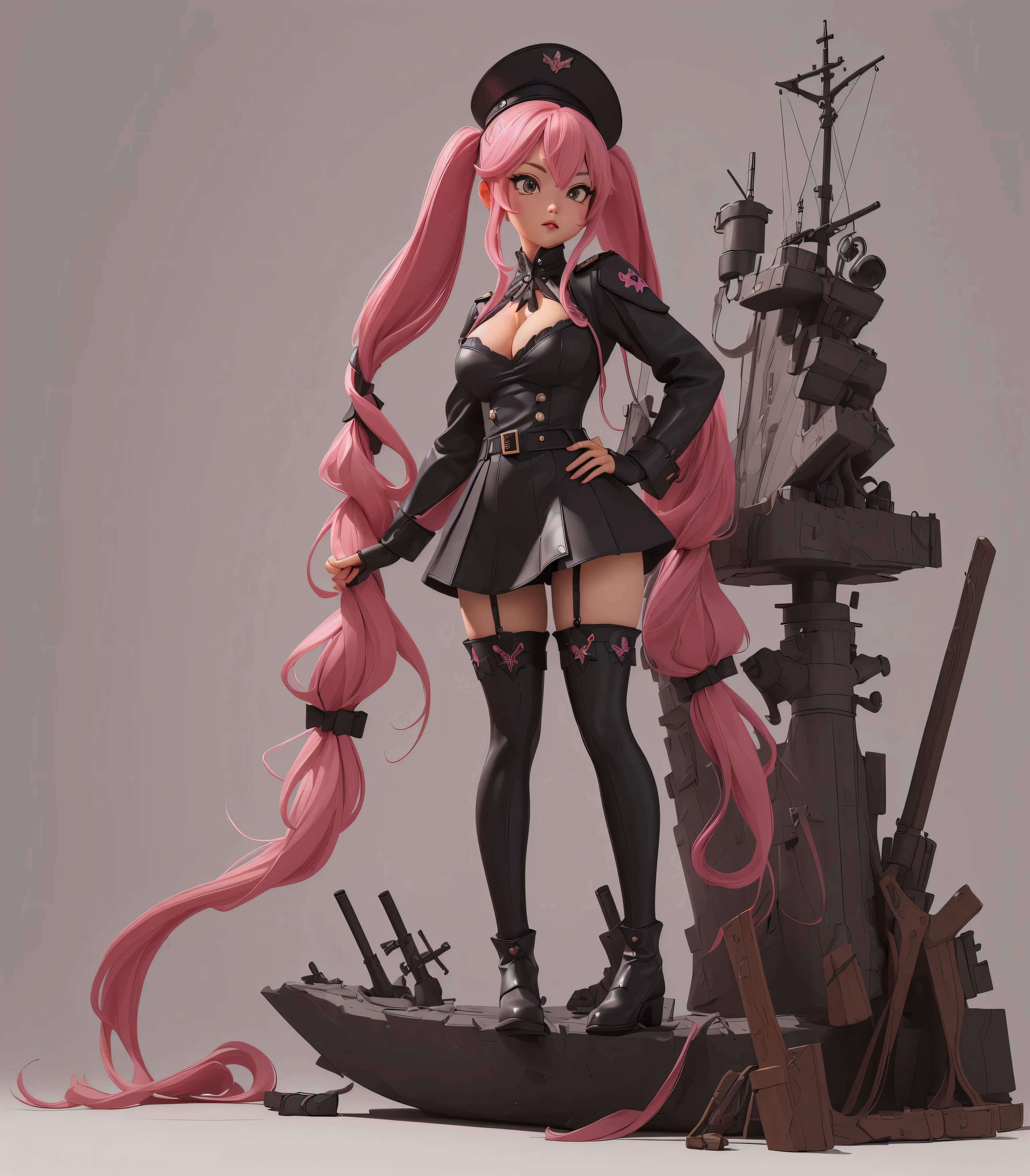 (((​masterpiece、top-quality、hight resolution)))、
Original outfit, military outfits, ((1girl in)), long pink hair, pigtails, black sexy armour, cute face, perfect long legs, (standing), full body, black leather boots, stockings, cleavage, stockings, on a battleship