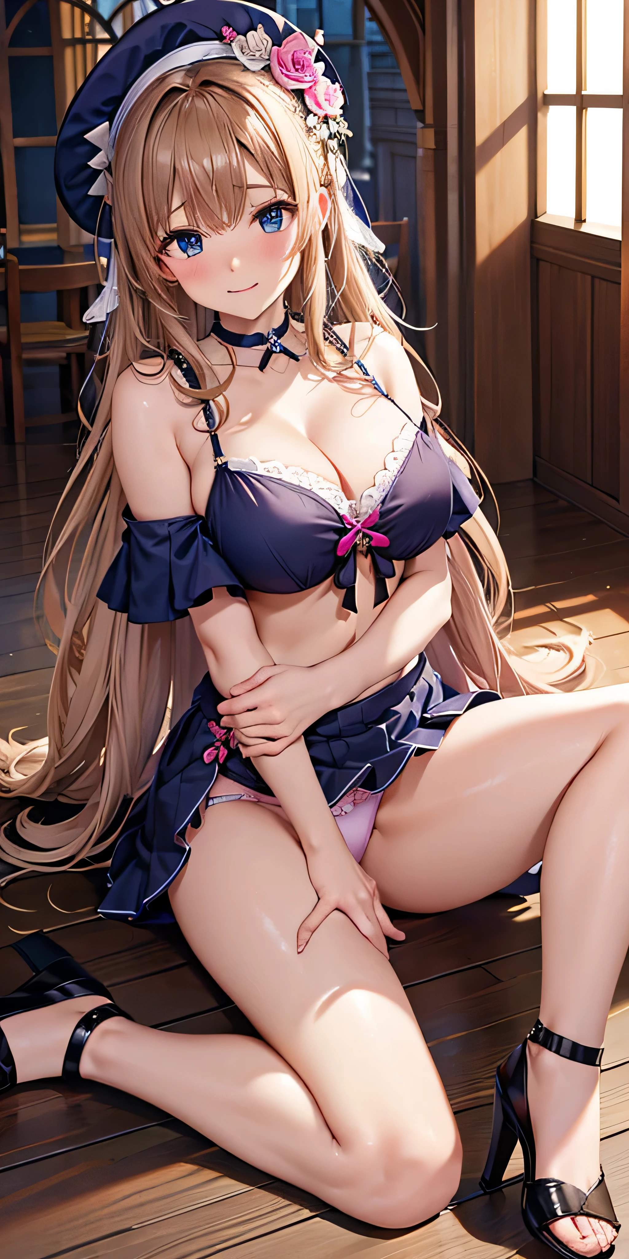 table top, highest quality, Highly detailed CG Unity 8K wallpaper, sexy witch , long dark blonde wavy hair、off shoulder knit, dark blue pleated skirt, medium milk, saggy breasts, cleavage, blush, shy smile, bare shoulders, (white pink floral panties、、Bra with pink floral pattern on a white background、show panties、((open your legs)))high heels、nice magic book、Castle Church、sexy pose、Sit on the floor、side boob、