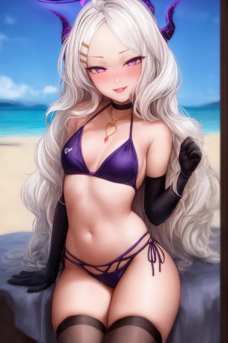 1girl, 1boy, hetero, (hina_bluearchive:1.15), long_hair, white_hair, horns, bangs, purple_eyes, parted_bangs, ahoge, demon_horns, hair_ornament, hairclip, halo, blush, multiple_horns, very_long_hair, bikini, latex, miniskirt, flat chest, midriff, navel, jewelry, choker, belt, golden chain, thighhighs, heart shape, elbow gloves, child, , masterpiece, best quality, glowing skin, shiny skin, oily skin, seaside, beach, blue sky, spread legs,