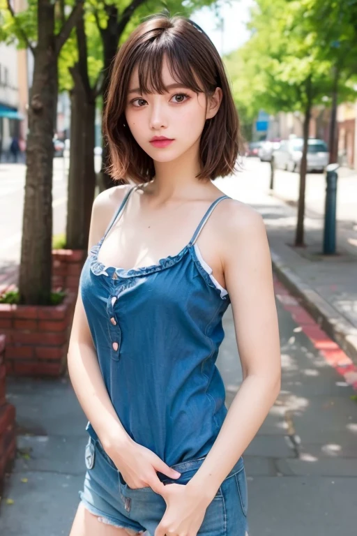 Caucasian 14 year old girl、Background Blur、super high quality、sunlight、Fair-skinned beautiful girl、disheveled bob hair、Young Breasts、Small cleavage、Fleeting Expression、Clear contours、Adult atmosphere、high resolution skin、Fair and beautiful thighs、Innocent face、Hair tied up、Well-formed face、Frill dress、Leaning on the bench