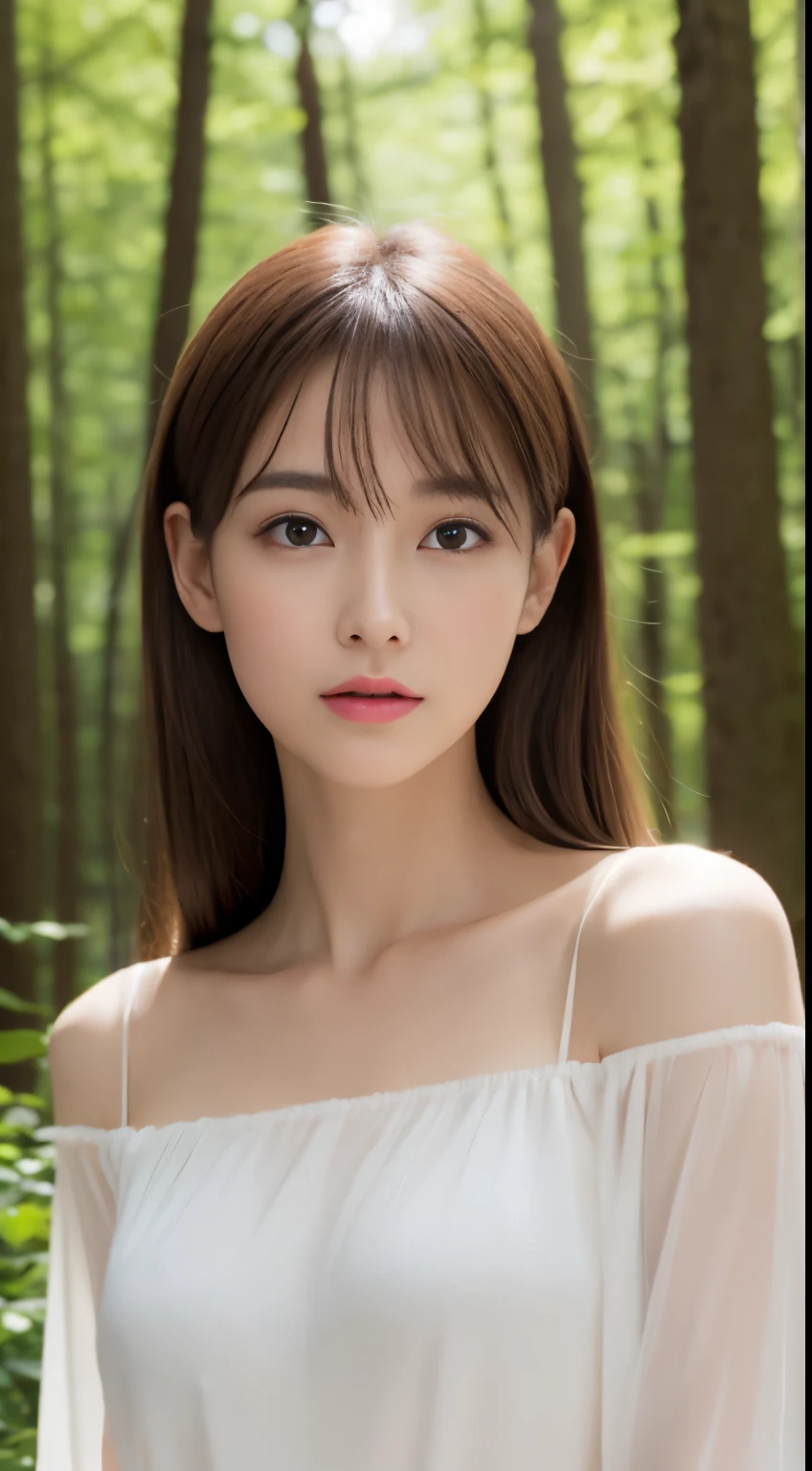 1 female, close up of face, Medium chest, light brown hair, dull bangs, hair behind the ear, shoulder hair, long hair, slender body shape, Extra-fine face, thin face, delicate lips, beautiful eyes, light blush, eyes are light brown, perfect shiny skin, perfect skin, Shining sweat,See here, ultra thin hands, super thin fingers, Optimal ratio of 4 fingers and 1 thumb, (realistic:1.3), Finger extension, see-through white blouse. coniferous forest, one person&#39;perspective, movie, f/1.2, 8K, table top, nffsw, Super detailed, high quality, 最high quality, High resolution,abs,6 pack,