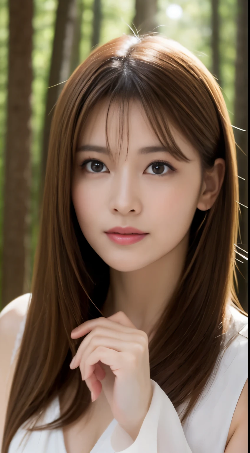 1 female, close up of face, Medium chest, light brown hair, dull bangs, hair behind the ear, shoulder hair, long hair, slender body shape, Extra-fine face, thin face, delicate lips, beautiful eyes, light blush, eyes are light brown, perfect shiny skin, perfect skin, Shining sweat,See here, ultra thin hands, super thin fingers, Optimal ratio of 4 fingers and 1 thumb, (realistic:1.3), Finger extension, see-through white blouse. coniferous forest, one person&#39;perspective, movie, f/1.2, 8K, table top, nffsw, Super detailed, high quality, 最high quality, High resolution,abs,6 pack,